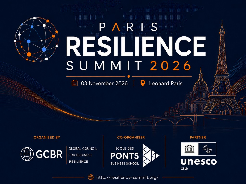 Paris Resilience Summit 2026 — 03 November 2026 at Leonard:Paris. Organised by GCBR, co-organiser École des Ponts Business School, partner UNESCO Chair.